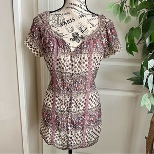 FANG Paisley Print Lace Trim Button-Down Blouse Pink Sz M